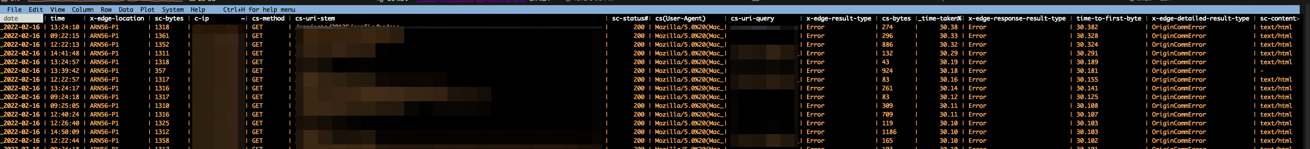 CloudFront logs open in VisiData - requests timing out with OriginCommError