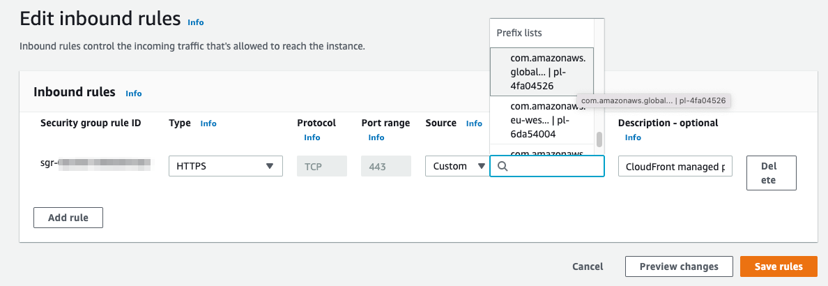 Using CloudFront managed prefix list as a source in a security group