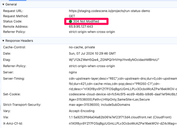 Browser console showing 304 responses from CloudFront